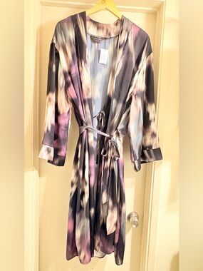 Primark Women's Watercolor Print Satin Robe in Black, Purple, Pink
